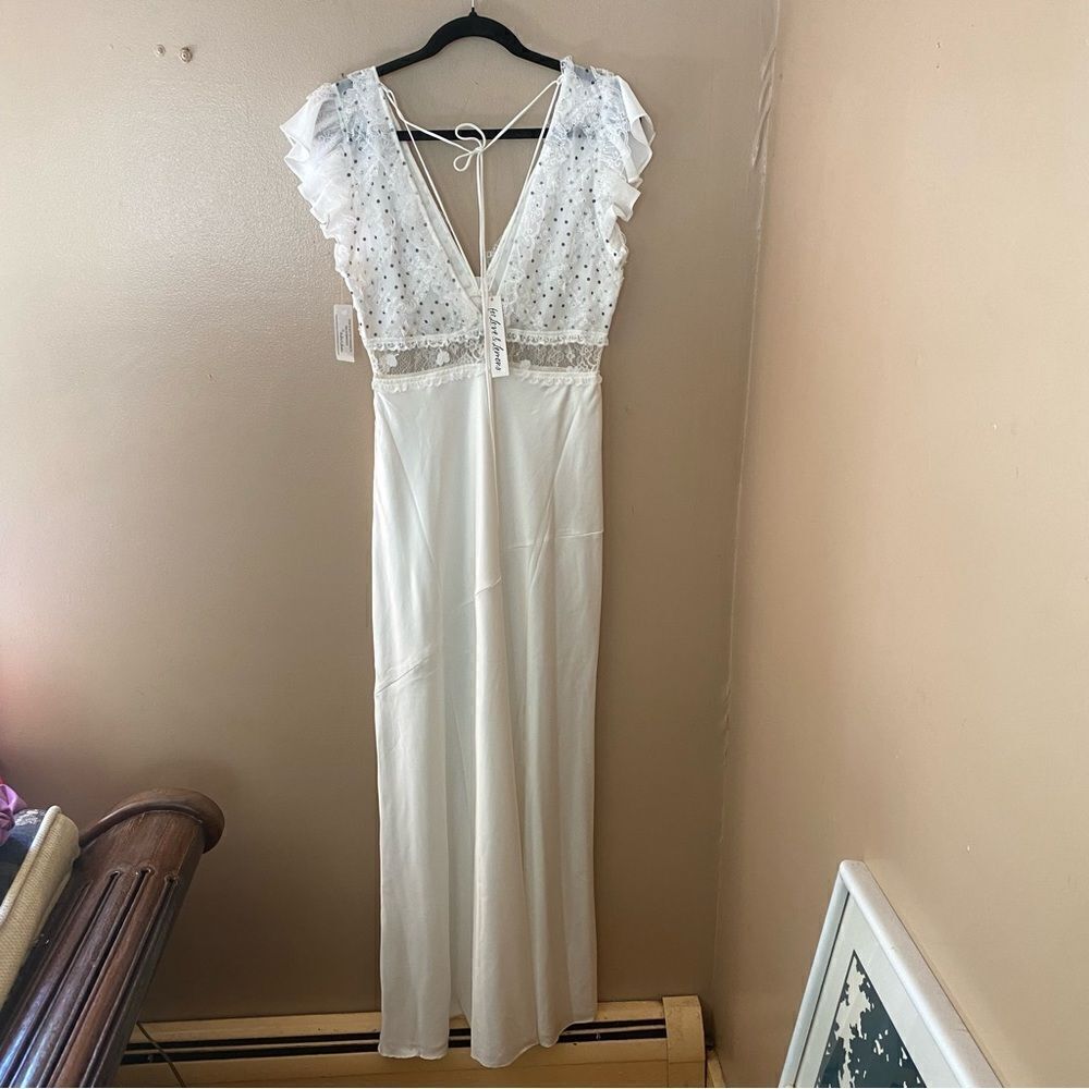 For Love And Lemons Carmen maxi dress white rosette dot print slip bridal NWT L - Picture 14 of 15